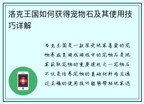 洛克王国如何获得宠物石及其使用技巧详解